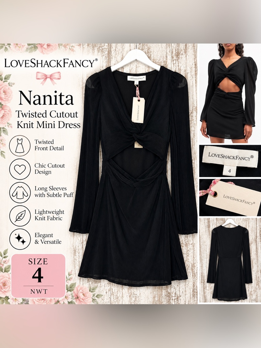LoveShackFancy Nanita Twisted Cutout Knit Mini Dress Black Size 4 NWT
